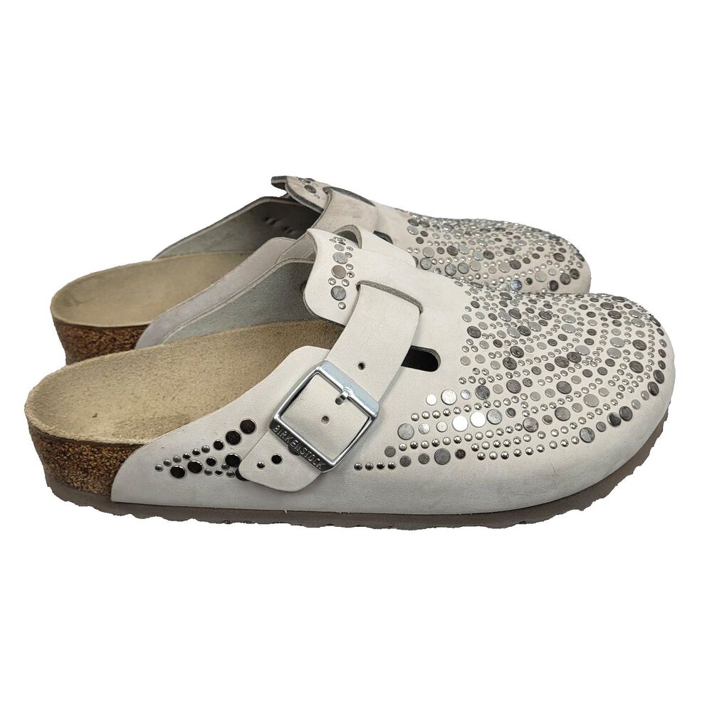 Rare Birkenstock Boston Rivets / Studs Taupe Soft Suede Leather Women's 10 EU 41 - Picture 2 of 16